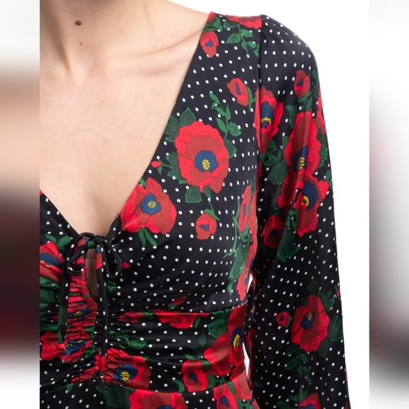 FREE PEOPLE Fit & Flare Dress Size XS Floral & Polka Dot Pattern Shirred Cuffs - Picture 2 of 4